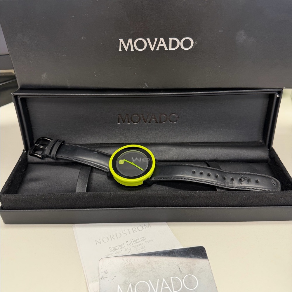 Movado Watch with Black Band and Neon Green Bezel